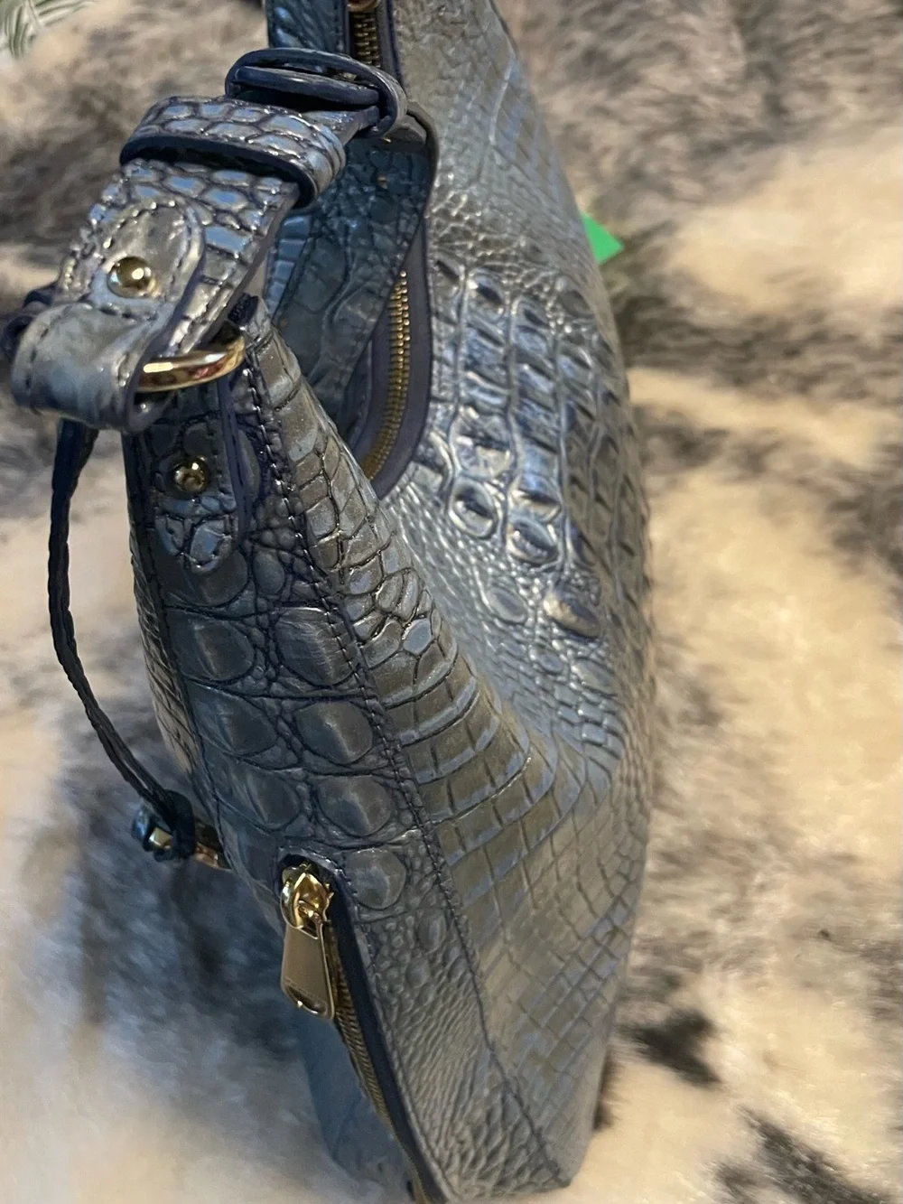 Brahmin Blue Gray Croc Embossed Leather Shoulder Bag